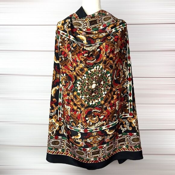 Shanghai SILK Large Silk Square Scarf Hand Rolled Black Multicolor - Picture 1 of 12